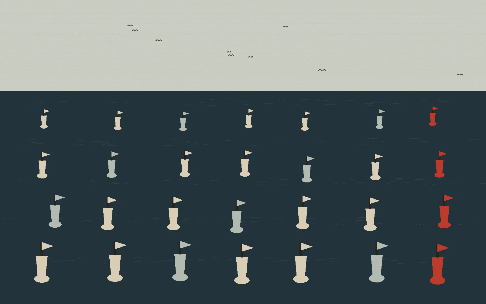 A working grid of moored buoys, one in seven painted red, on deep coastal water