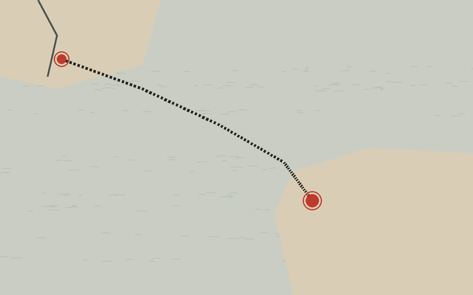 A flat map figure showing a cable route from the northern landmass to a red terminal on the Maine coast